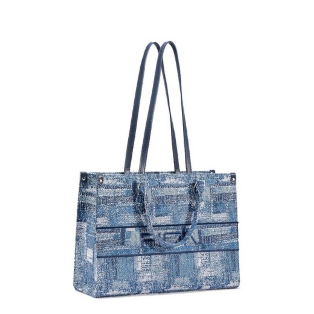 FION Oil Painting Jacquard with Leather Tote Bag Navy Blue Purse BRAND NEW